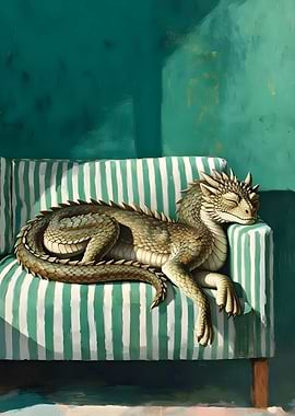Dragon sleeping on a striped couch
