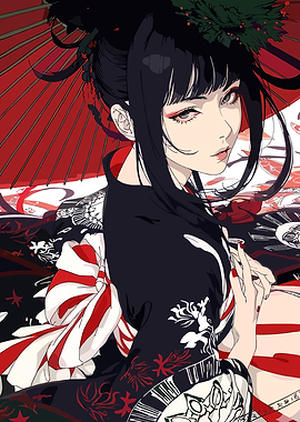 Woman in Kimono with Red Umbrella