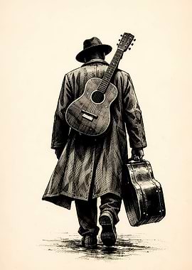 Musician Walking with Guitar and Case