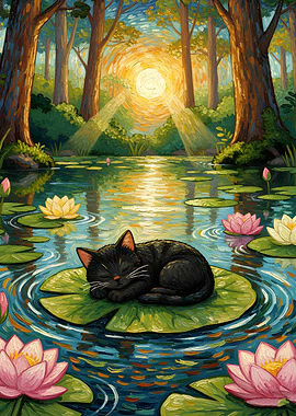 Black cat sleeping on lily pad