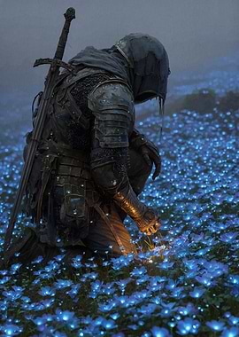 Knight in a field of glowing flowers