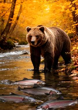Bear fishing for salmon in autumn stream