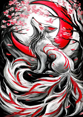 Kitsune Fox Under a Red Moon