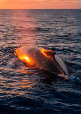 Whale surfacing at sunset