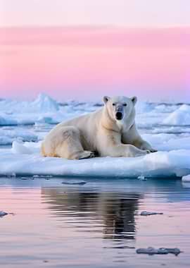 Polar Bear on Ice Floe at Sunset