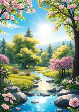 Spring Meadow with Stream and Flowers