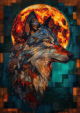 Stained Glass Wolf and Moon