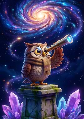 Owl looking through a telescope at a galaxy