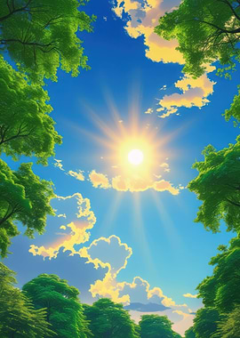 Sunlit Sky Through Green Trees