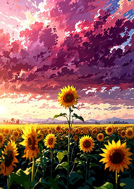 Vibrant Sunflower Field at Sunset