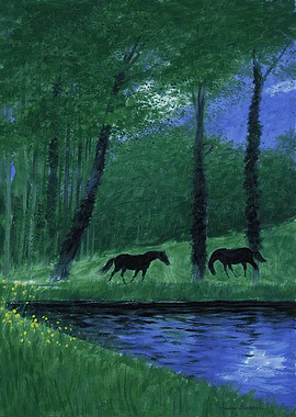 Horses by a Stream in a Forest