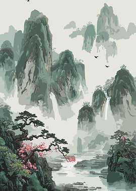 Misty Mountain Landscape with Cherry Blossoms