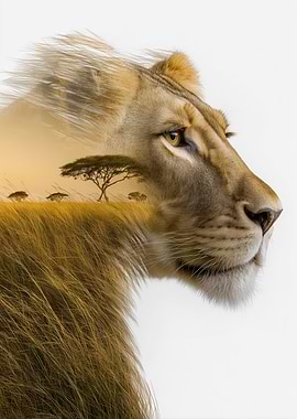 Lion and African Savannah Double Exposure