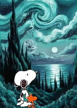 Snoopy and Woodstock in Starry Night