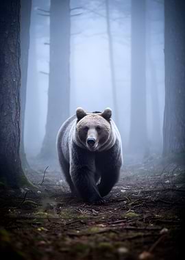 Bear walking in a foggy forest
