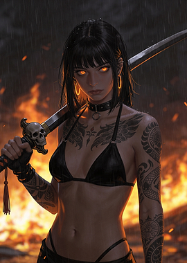 Tattooed Woman with Katana and Fiery Background