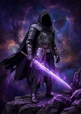 Fantasy Knight with Glowing Sword in Space