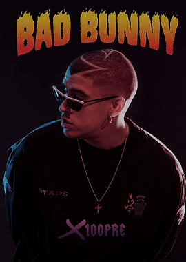 Bad Bunny Portrait with Fiery Text