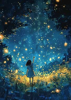 Girl Reaching for Fireflies in a Magical Forest