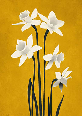 White Daffodils on Yellow Background
