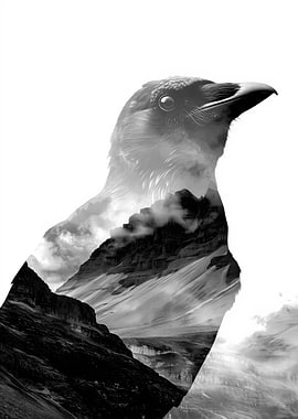 Double Exposure Crow and Mountains
