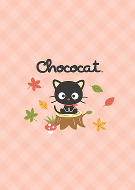 Chococat Sitting on a Tree Stump with Leaves