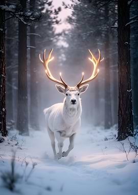Magical White Stag in Snowy Forest