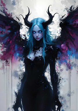 Demonic Woman with Blue Hair and Wings