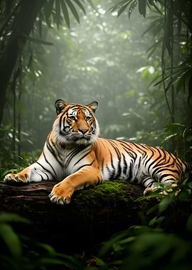 Tiger resting in a misty jungle