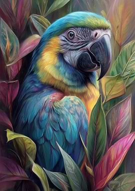 Blue and Yellow Macaw in Tropical Leaves