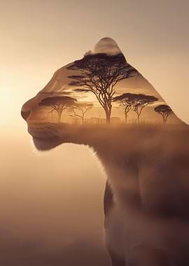 Lioness Silhouette with African Savannah Landscape