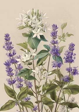 Lavender and White Flowers Botanical Illustration