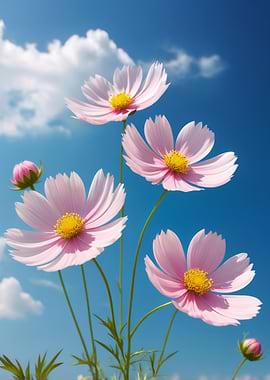 Pink Cosmos Flowers Against Blue Sky