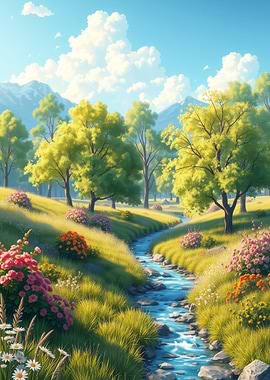 Serene Mountain Stream with Wildflowers