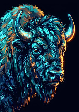 Bison Portrait with Neon Lighting