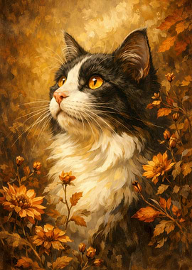 Tuxedo Cat Among Autumn Flowers