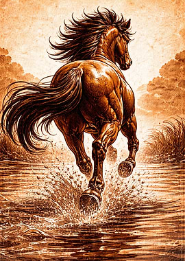 Powerful Horse Running Through Water