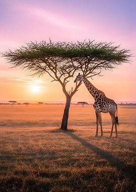 Giraffe under an Acacia Tree at Sunset