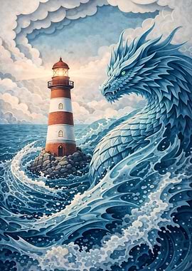 Dragon and Lighthouse in Stormy Seas