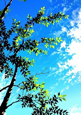 Tree branches against a blue sky