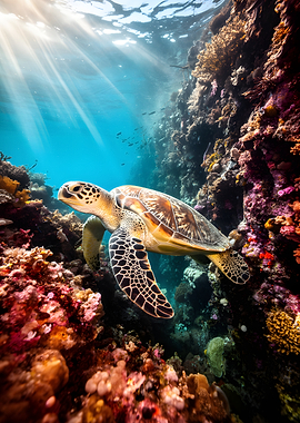 Sea Turtle Swimming Near Coral Reef