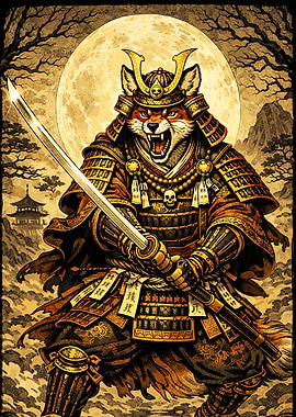 Wolf Samurai Under The Moon – Japanese Poster Art