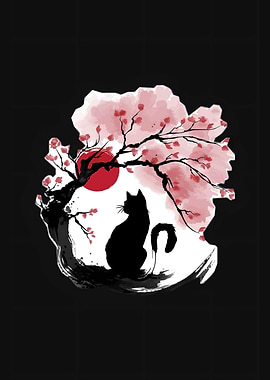 Black Cat Under Cherry Blossoms