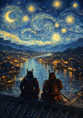 Samurai Overlooking Starry Cityscape