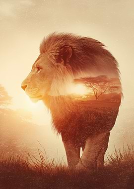 Lion Silhouette with African Landscape