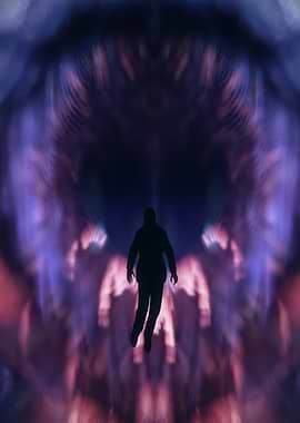 Silhouette of a person floating in abstract light