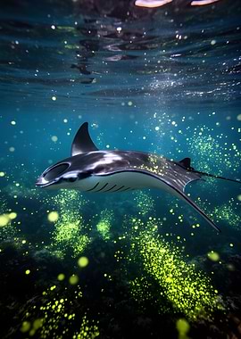 Manta Ray swimming in bioluminescent water