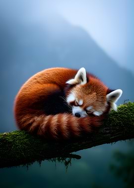 Red Panda Sleeping on a Mossy Branch