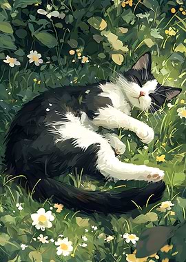 Black and white cat sleeping in flowers