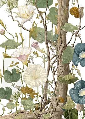 Botanical Illustration of Morning Glories and Tree Bark